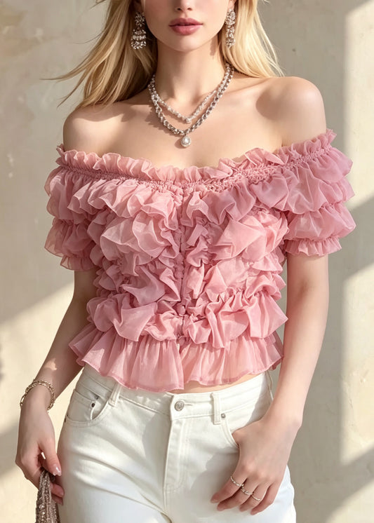 French Pink Ruffled Puff Sleeve Patchwork Cotton Tops
