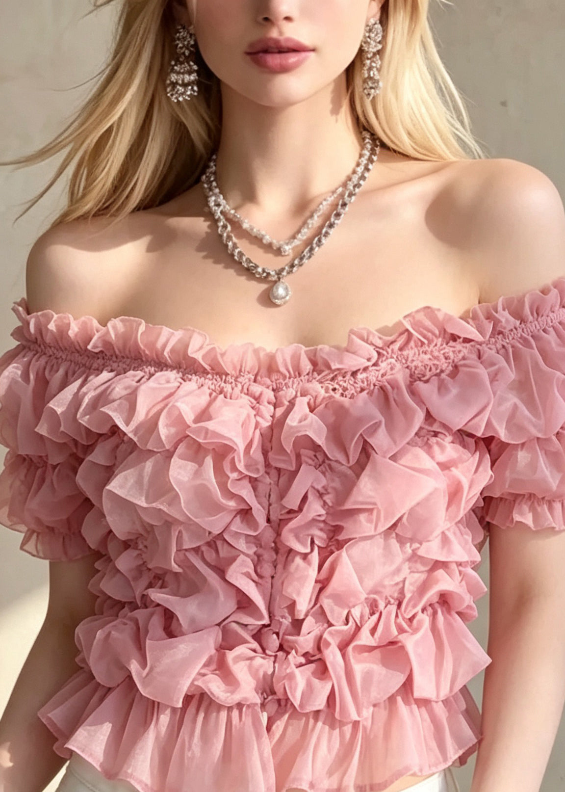 French Pink Ruffled Puff Sleeve Patchwork Cotton Tops