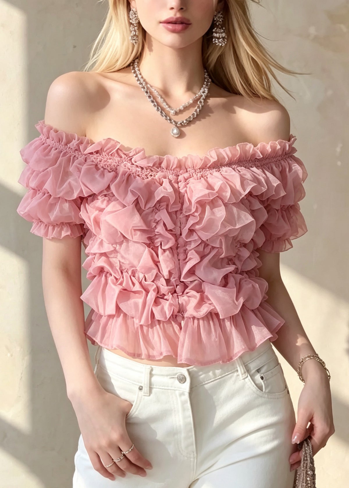 French Pink Ruffled Puff Sleeve Patchwork Cotton Tops
