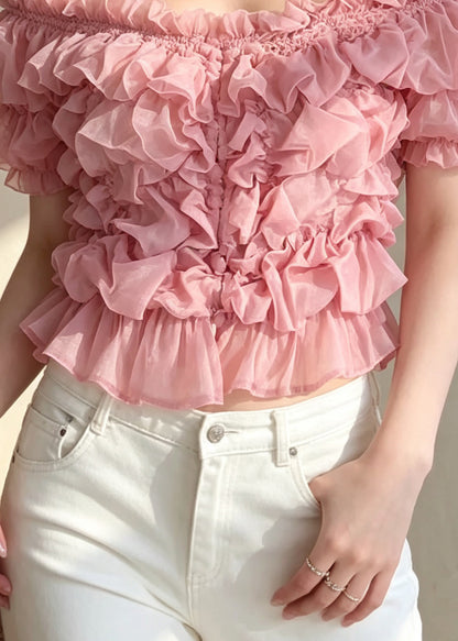 French Pink Ruffled Puff Sleeve Patchwork Cotton Tops