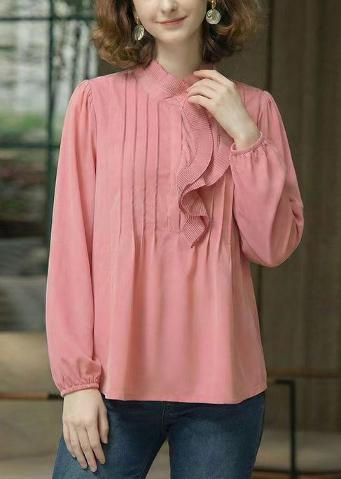 French Pink Ruffled Wrinkled Chiffon Blouses Spring