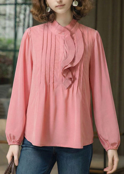 French Pink Ruffled Wrinkled Chiffon Blouses Spring