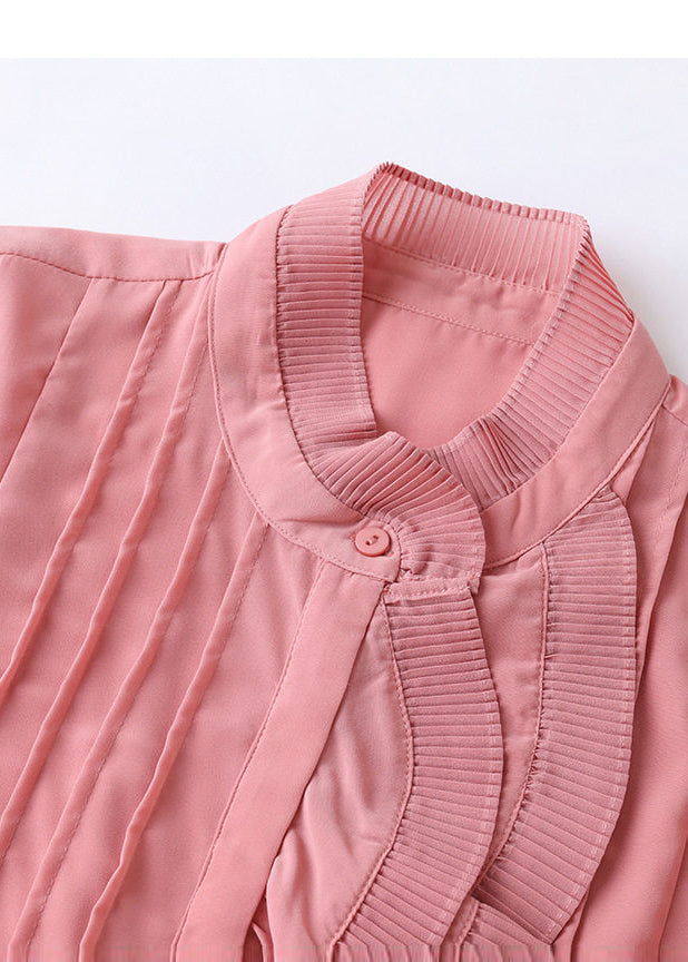 French Pink Ruffled Wrinkled Chiffon Blouses Spring