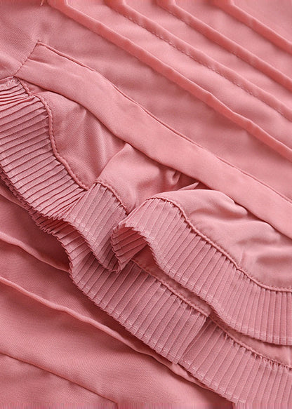 French Pink Ruffled Wrinkled Chiffon Blouses Spring
