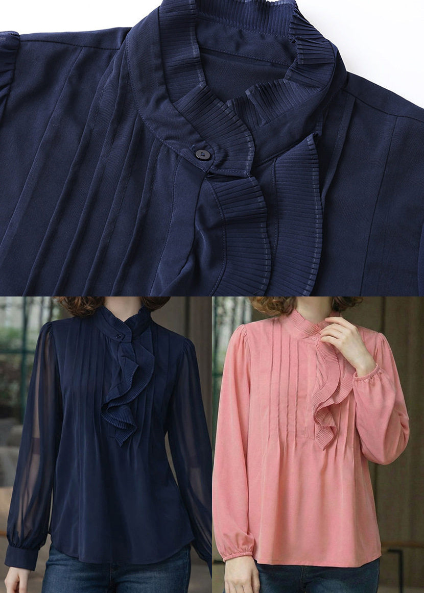French Pink Ruffled Wrinkled Chiffon Blouses Spring