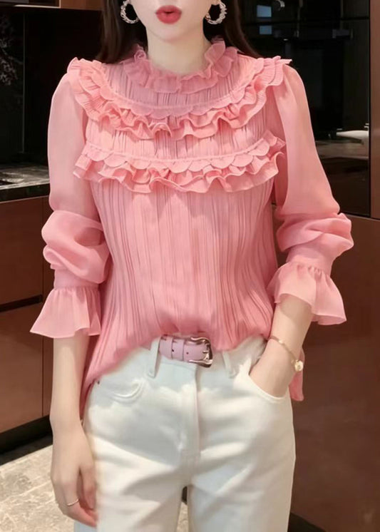 French Pink Ruffled Wrinkled Chiffon Tops Puff Sleeve