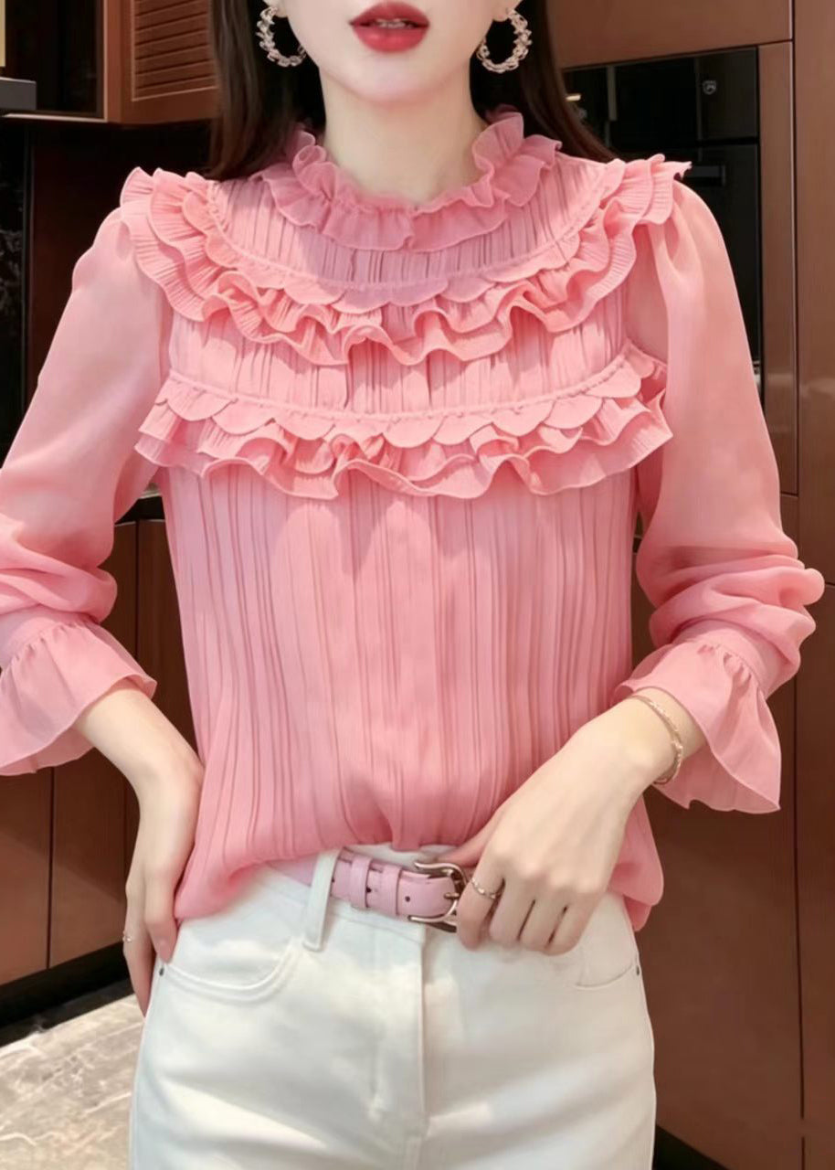 French Pink Ruffled Wrinkled Chiffon Tops Puff Sleeve