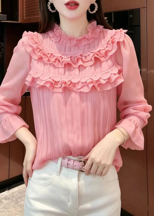 French Pink Ruffled Wrinkled Chiffon Tops Puff Sleeve