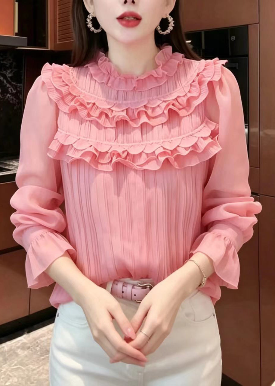 French Pink Ruffled Wrinkled Chiffon Tops Puff Sleeve