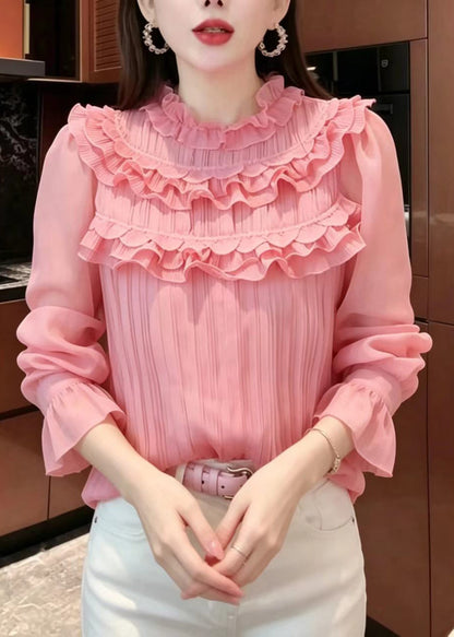 French Pink Ruffled Wrinkled Chiffon Tops Puff Sleeve