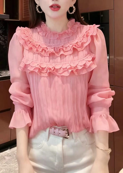 French Pink Ruffled Wrinkled Chiffon Tops Puff Sleeve