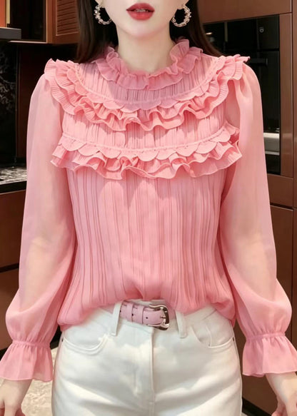 French Pink Ruffled Wrinkled Chiffon Tops Puff Sleeve