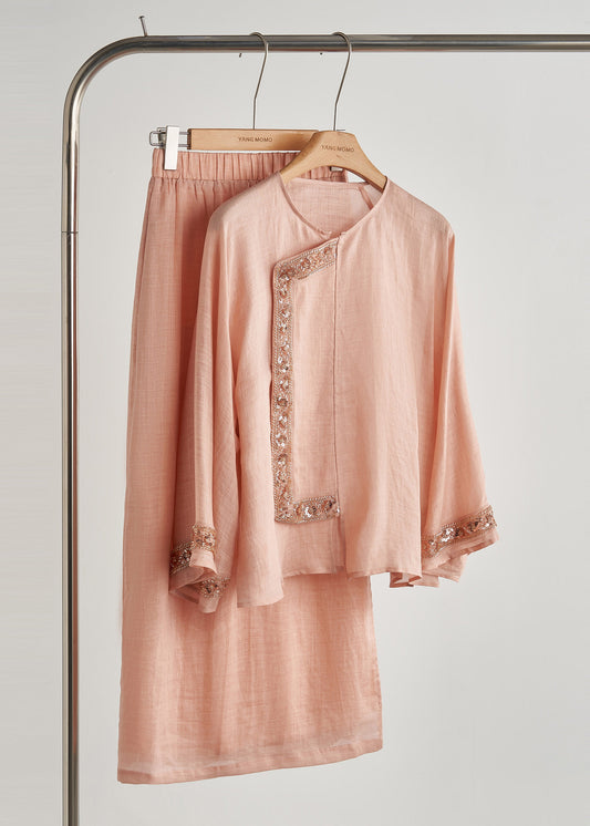 French Pink Sequins Embroidered Cotton Two Piece Set Women Clothing Fall