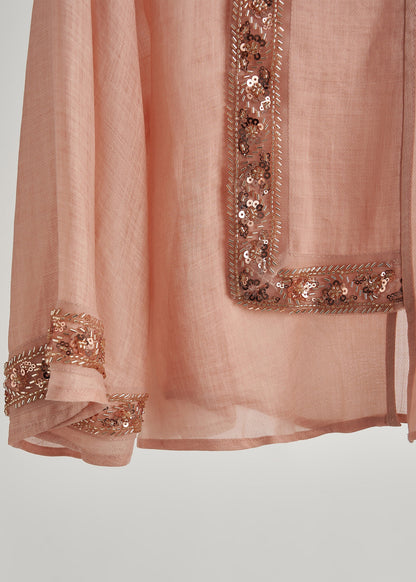 French Pink Sequins Embroidered Cotton Two Piece Set Women Clothing Fall