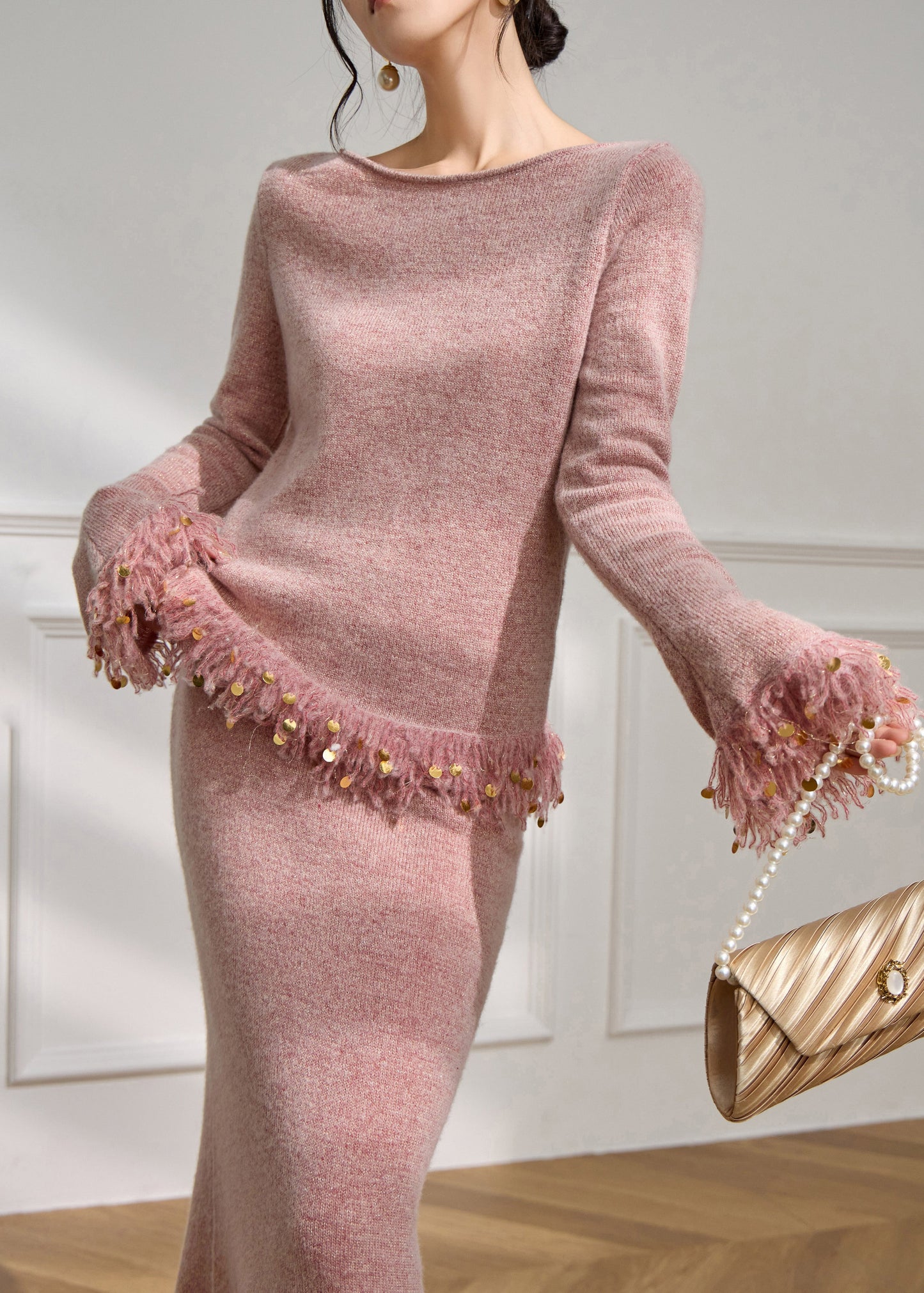 French Pink Sequins Patchwork Tassel Cotton Knit Sweater And Maxi Skirts Two Pieces Set Flare Sleeve