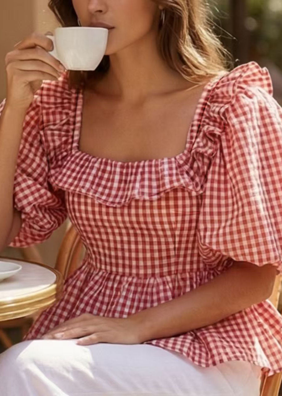 French Pink Square Collar Ruffled Plaid Puff Sleeve Cotton Top
