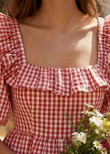 French Pink Square Collar Ruffled Plaid Puff Sleeve Cotton Top