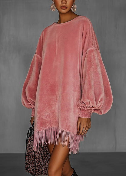 French Pink Tassel Patchwork Velvet Mid Dress Lantern Sleeve