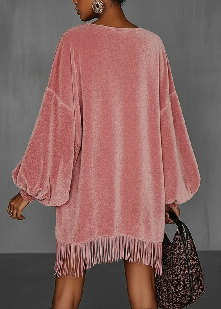 French Pink Tassel Patchwork Velvet Mid Dress Lantern Sleeve