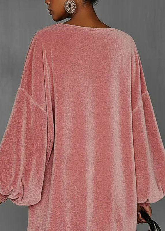 French Pink Tassel Patchwork Velvet Mid Dress Lantern Sleeve