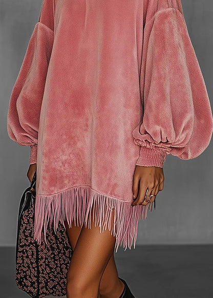 French Pink Tassel Patchwork Velvet Mid Dress Lantern Sleeve