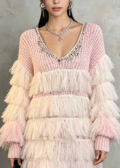 French Pink Tassel Zircon Patchwork Knit Long Sweaters Fall