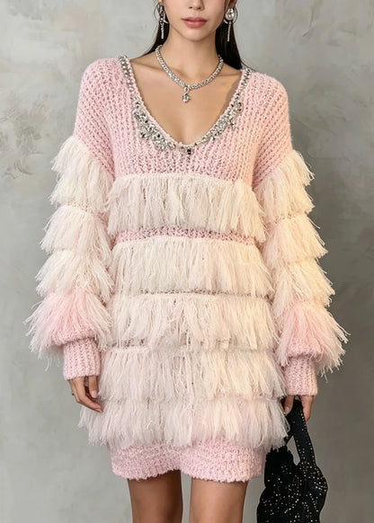 French Pink Tassel Zircon Patchwork Knit Long Sweaters Fall