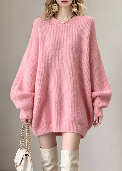 French Pink Thick Cotton Knit Sweater Tops O-Neck Fall