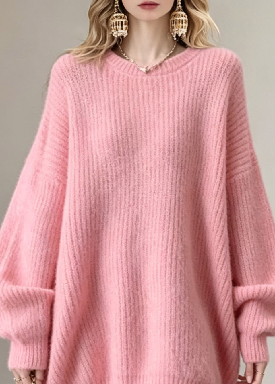 French Pink Thick Cotton Knit Sweater Tops O-Neck Fall