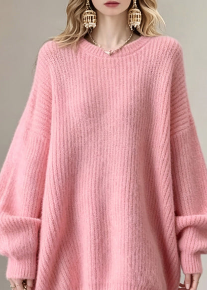 French Pink Thick Cotton Knit Sweater Tops O-Neck Fall