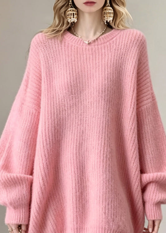 French Pink Thick Cotton Knit Sweater Tops O-Neck Fall
