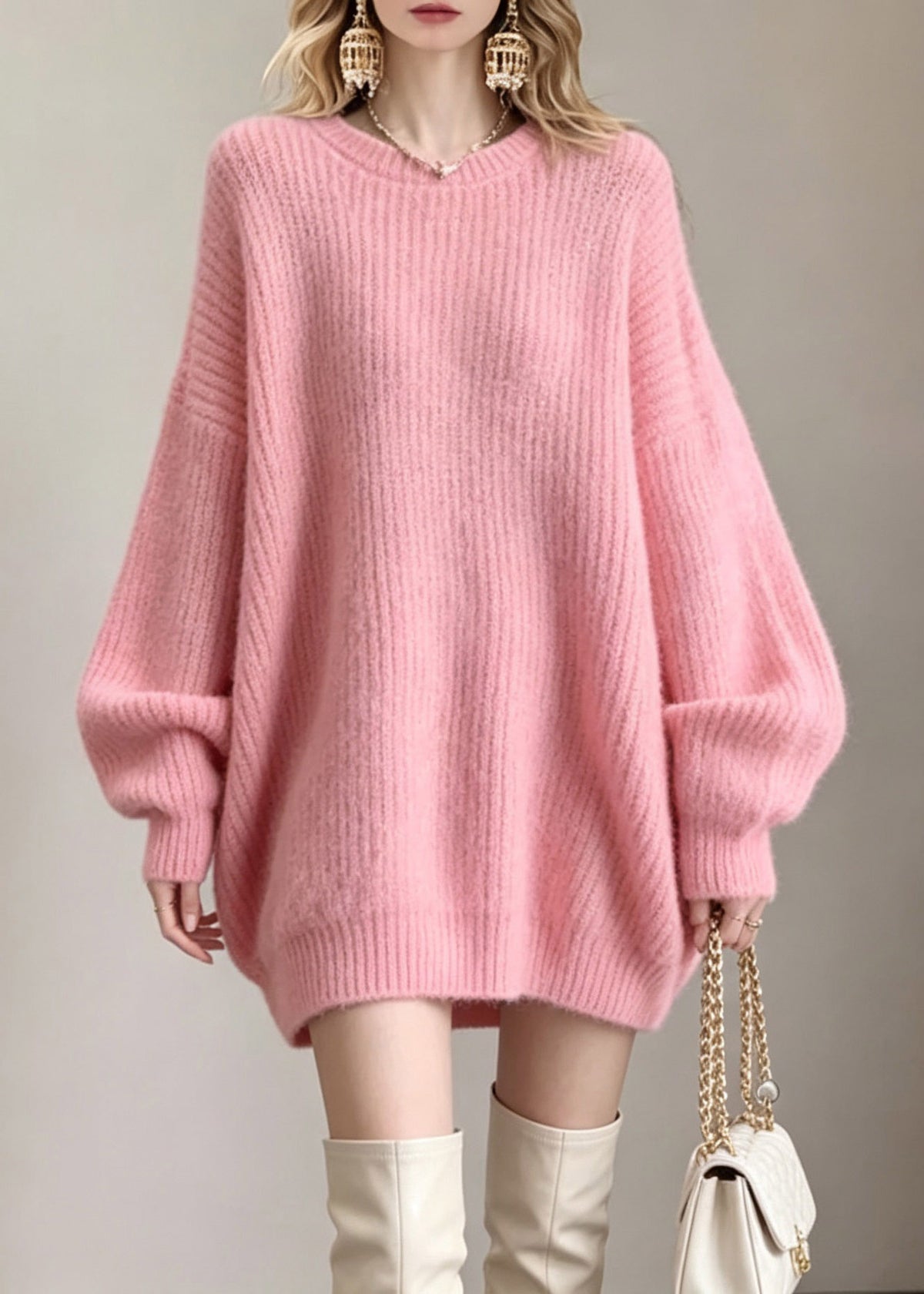 French Pink Thick Cotton Knit Sweater Tops O-Neck Fall