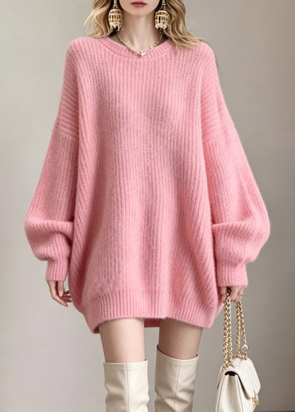 French Pink Thick Cotton Knit Sweater Tops O-Neck Fall