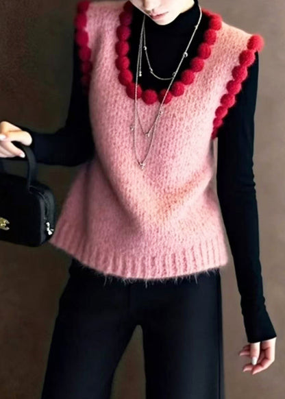 French Pink U Neck Pom-Pom Trim Knit Waistcoat Fall