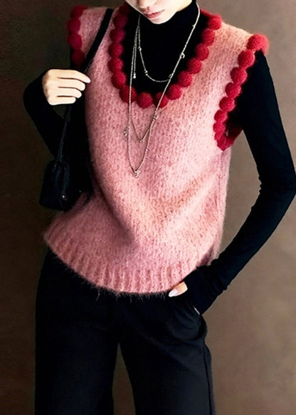 French Pink U Neck Pom-Pom Trim Knit Waistcoat Fall