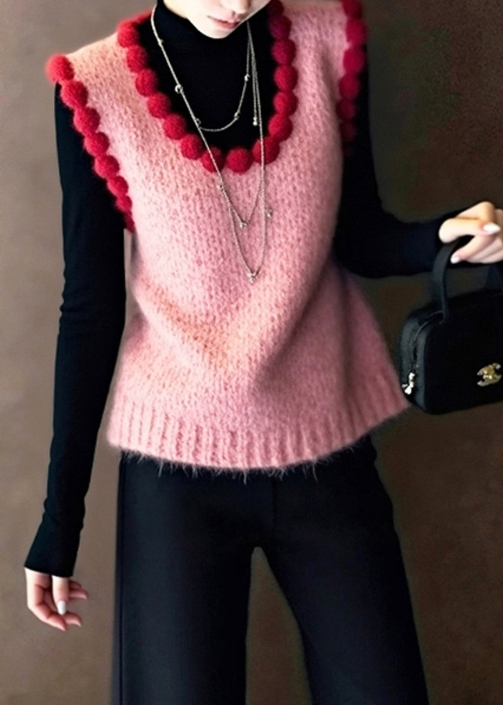 French Pink U Neck Pom-Pom Trim Knit Waistcoat Fall