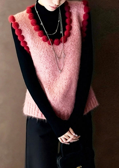 French Pink U Neck Pom-Pom Trim Knit Waistcoat Fall