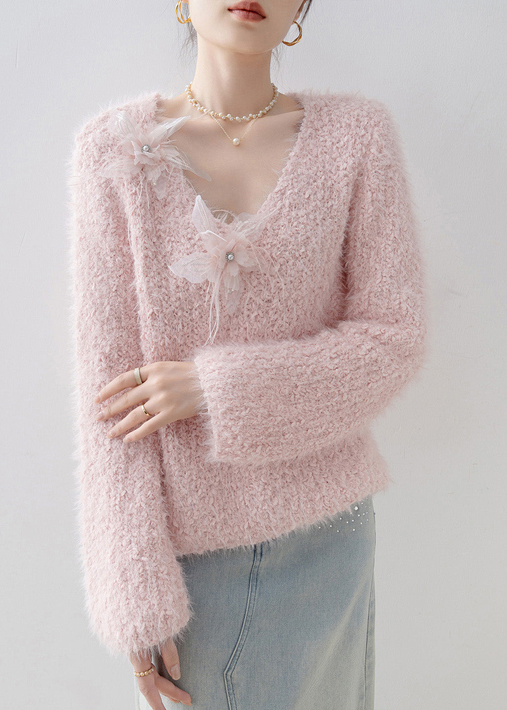 French Pink V Neck Floral Knit Sweater Tops Spring