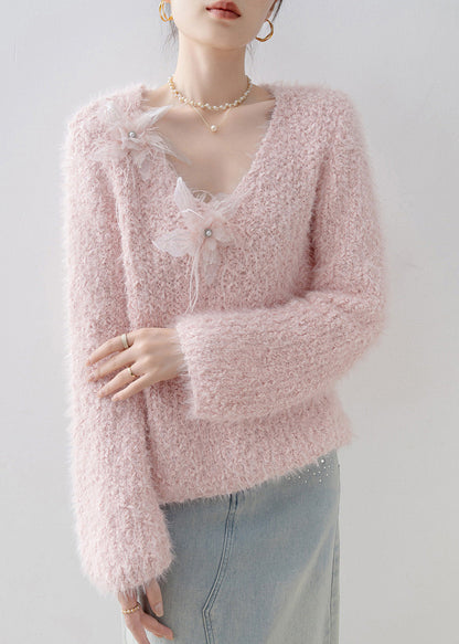 French Pink V Neck Floral Knit Sweater Tops Spring