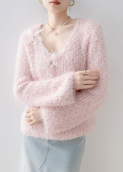 French Pink V Neck Floral Knit Sweater Tops Spring