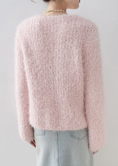 French Pink V Neck Floral Knit Sweater Tops Spring