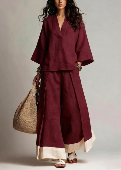 French Pink V Neck Oversized Cotton Two Pieces Set Fall