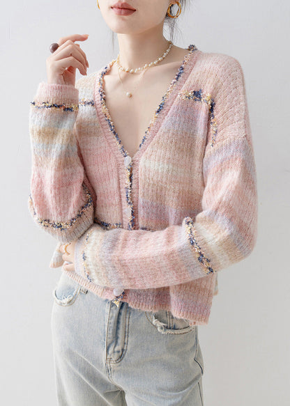 French Pink V Neck Patchwork Knit Short Coat Spring
