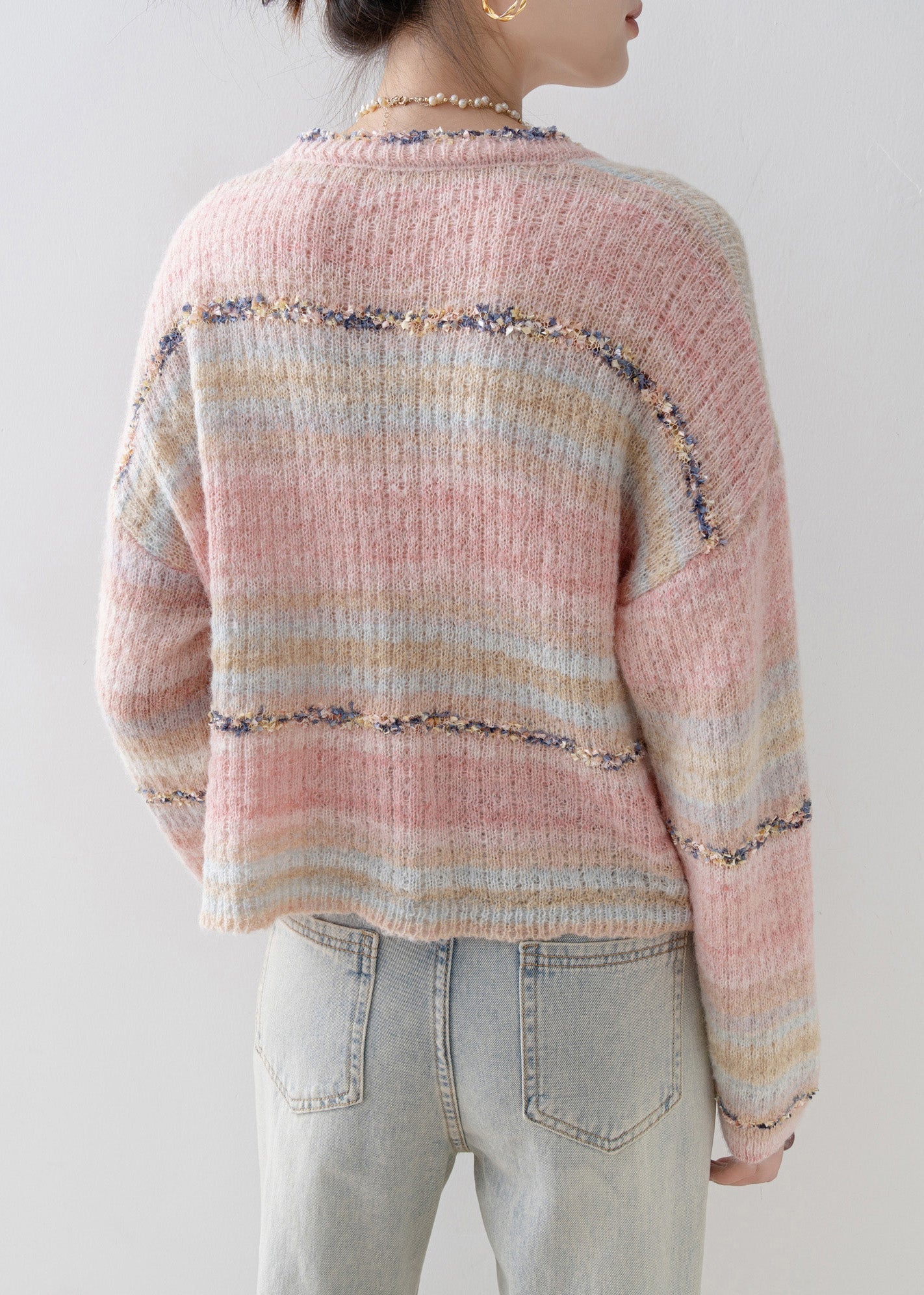 French Pink V Neck Patchwork Knit Short Coat Spring