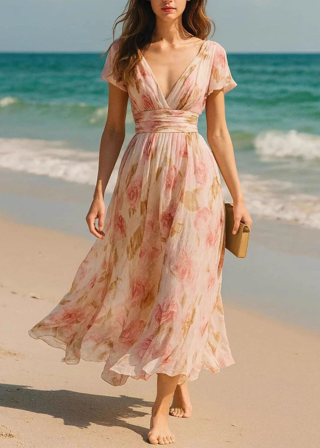 French Pink V Neck Print Chiffon Maxi Dresses Summer