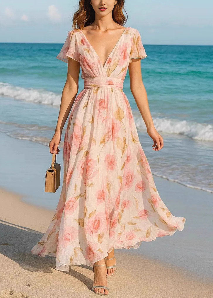 French Pink V Neck Print Chiffon Maxi Dresses Summer
