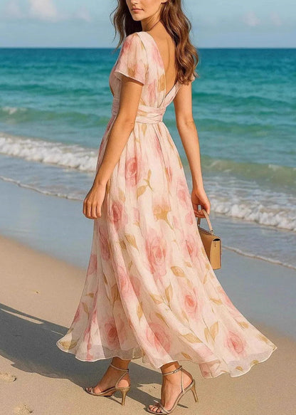 French Pink V Neck Print Chiffon Maxi Dresses Summer
