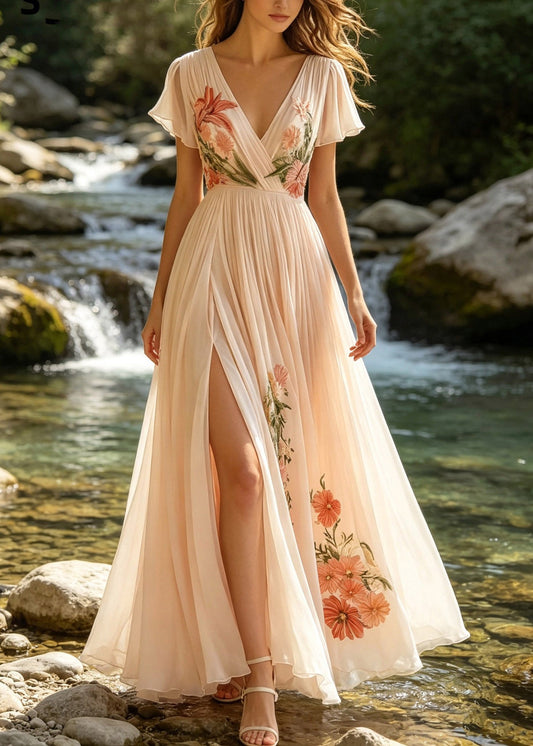 French Pink V Neck Print Patchwork Long Dresses Short Sleeve