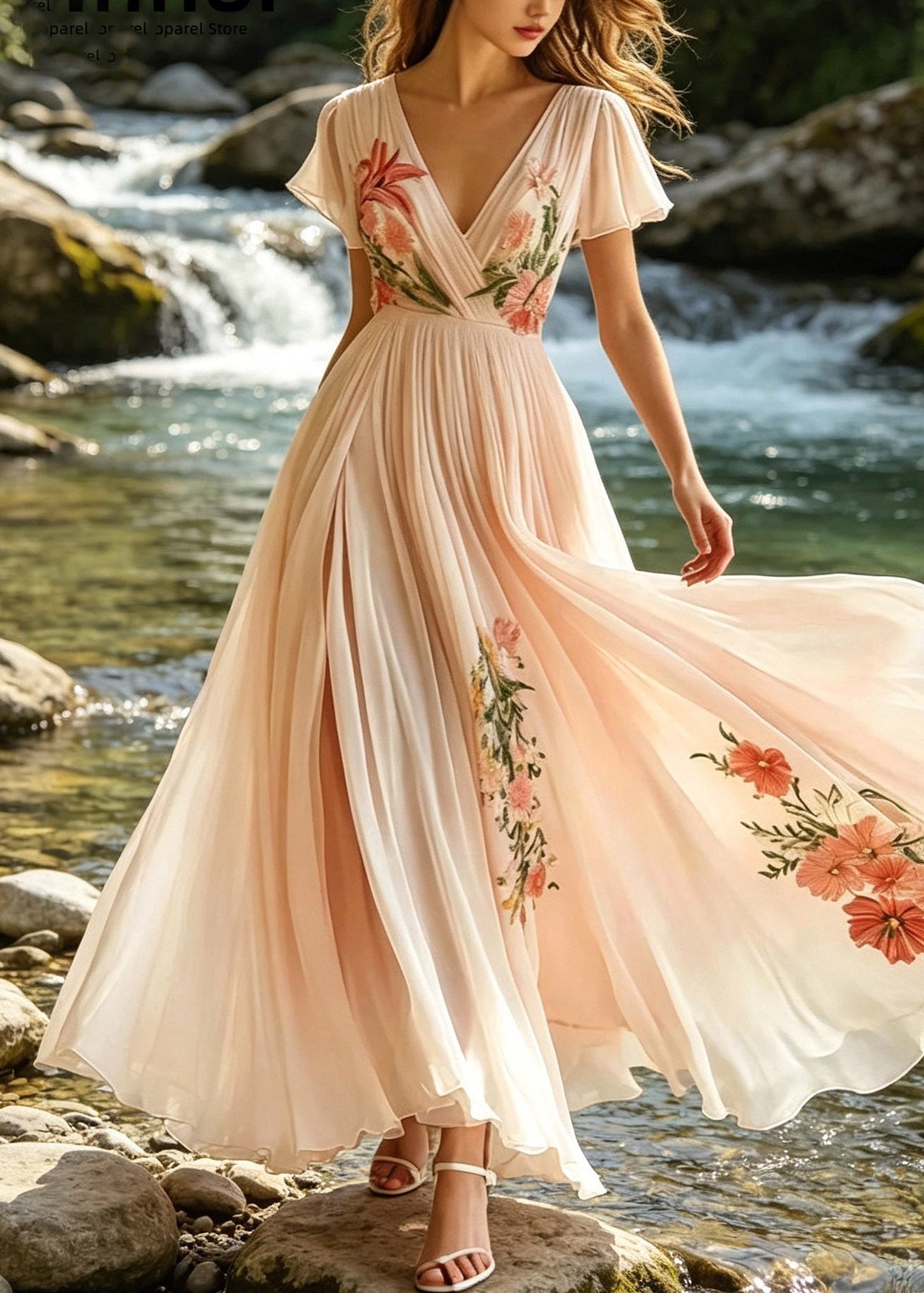 French Pink V Neck Print Patchwork Long Dresses Short Sleeve