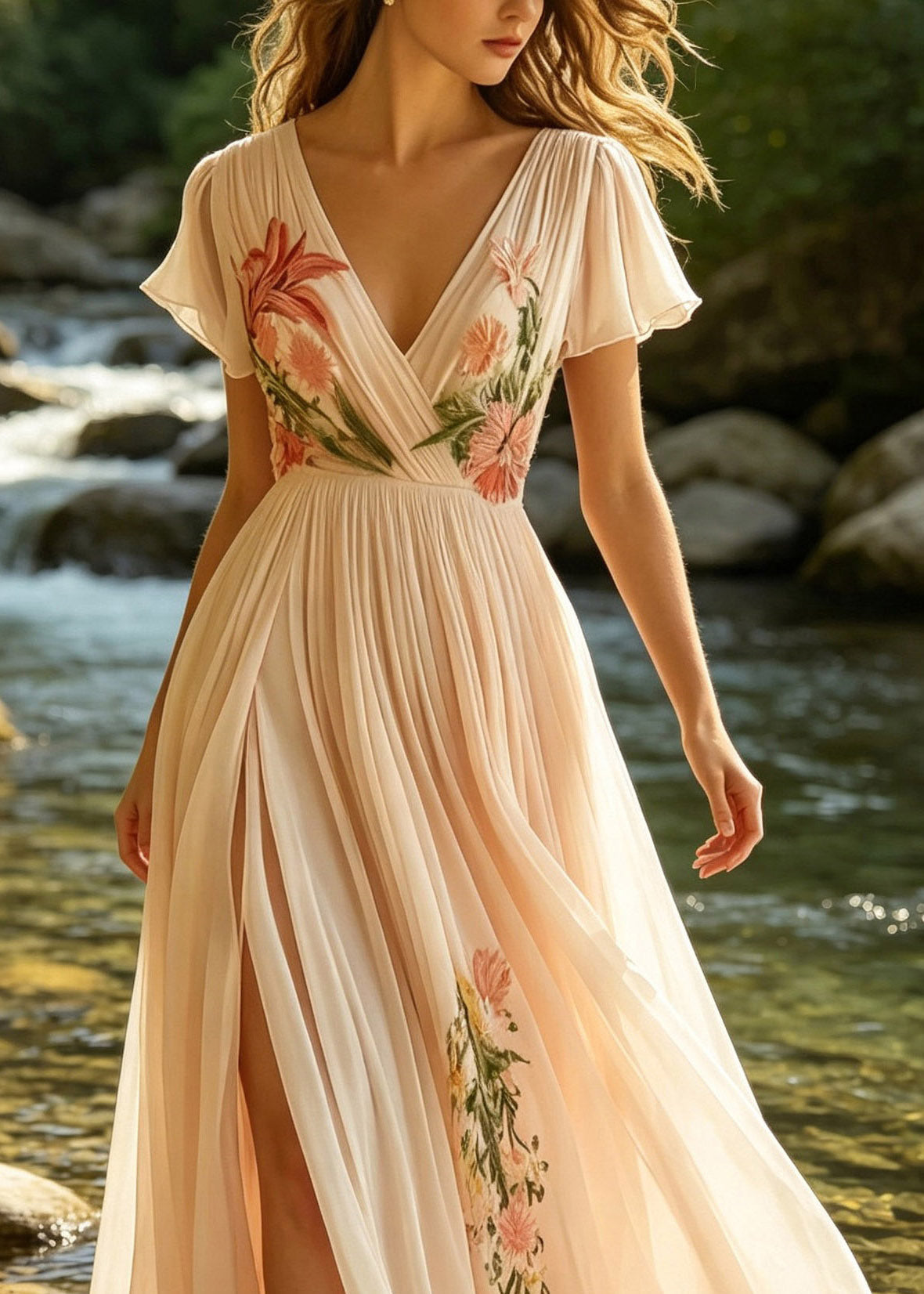 French Pink V Neck Print Patchwork Long Dresses Short Sleeve